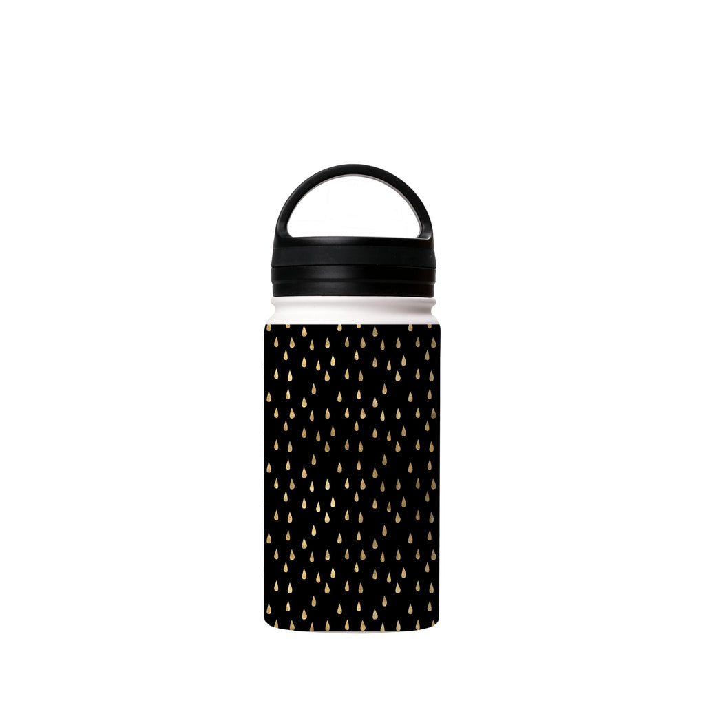Water Bottles-Golden Drops Black Insulated Stainless Steel Water Bottle-12oz (350ml)-handle cap-Insulated Steel Water Bottle Our insulated stainless steel bottle comes in 3 sizes- Small 12oz (350ml), Medium 18oz (530ml) and Large 32oz (945ml) . It comes with a leak proof cap Keeps water cool for 24 hours Also keeps things warm for up to 12 hours Choice of 3 lids ( Sport Cap, Handle Cap, Flip Cap ) for easy carrying Dishwasher Friendly Lightweight, durable and easy to carry Reusable, so it's safe