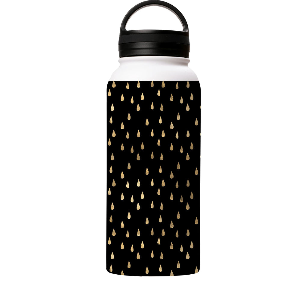 Water Bottles-Golden Drops Black Insulated Stainless Steel Water Bottle-32oz (945ml)-handle cap-Insulated Steel Water Bottle Our insulated stainless steel bottle comes in 3 sizes- Small 12oz (350ml), Medium 18oz (530ml) and Large 32oz (945ml) . It comes with a leak proof cap Keeps water cool for 24 hours Also keeps things warm for up to 12 hours Choice of 3 lids ( Sport Cap, Handle Cap, Flip Cap ) for easy carrying Dishwasher Friendly Lightweight, durable and easy to carry Reusable, so it's safe