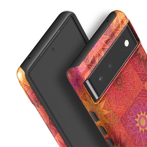 Google phone case-African Suns By Jehane-Product Details Raised bevel to protect screen from scratches. Impact resistant polycarbonate shell and shock absorbing inner TPU liner. Secure fit with design wrapping around side of the case and full access to ports. Compatible with Qi-standard wireless charging. Thickness 1/8 inch (3mm), weight 30g. Compatibility See drop down menu for options, please select the right case as we print to order.-Stringberry