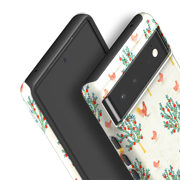 Google phone case-Apple Trees And Chickens Cream By Katherine Quinn-Product Details Raised bevel to protect screen from scratches. Impact resistant polycarbonate shell and shock absorbing inner TPU liner. Secure fit with design wrapping around side of the case and full access to ports. Compatible with Qi-standard wireless charging. Thickness 1/8 inch (3mm), weight 30g. Compatibility See drop down menu for options, please select the right case as we print to order.-Stringberry