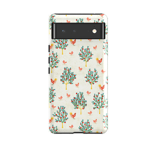 Google phone case-Apple Trees And Chickens Cream By Katherine Quinn-Product Details Raised bevel to protect screen from scratches. Impact resistant polycarbonate shell and shock absorbing inner TPU liner. Secure fit with design wrapping around side of the case and full access to ports. Compatible with Qi-standard wireless charging. Thickness 1/8 inch (3mm), weight 30g. Compatibility See drop down menu for options, please select the right case as we print to order.-Stringberry