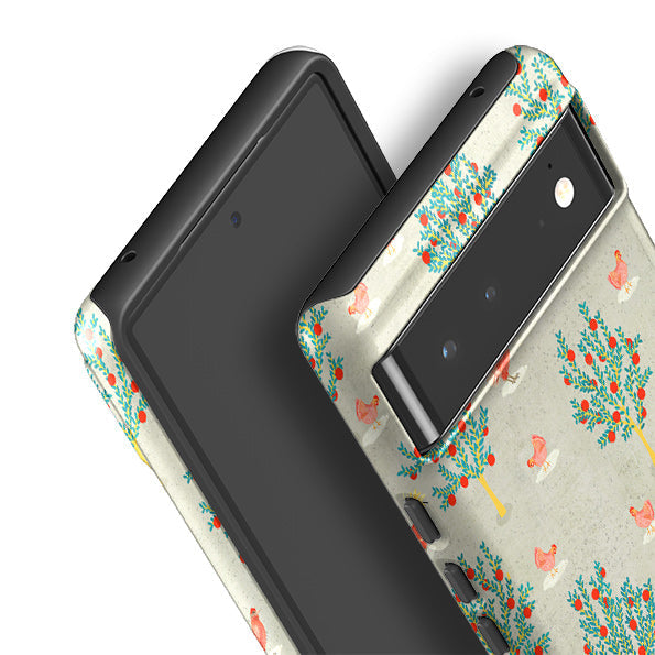 Google phone case-Apple Trees And Chickens Grey By Katherine Quinn-Product Details Raised bevel to protect screen from scratches. Impact resistant polycarbonate shell and shock absorbing inner TPU liner. Secure fit with design wrapping around side of the case and full access to ports. Compatible with Qi-standard wireless charging. Thickness 1/8 inch (3mm), weight 30g. Compatibility See drop down menu for options, please select the right case as we print to order.-Stringberry