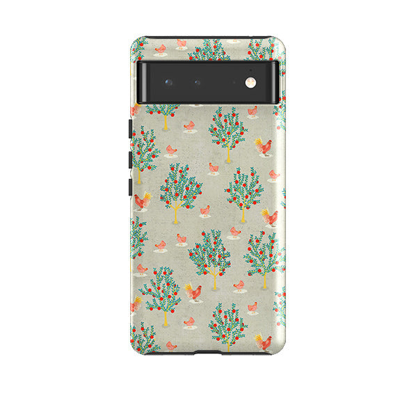 Google phone case-Apple Trees And Chickens Grey By Katherine Quinn-Product Details Raised bevel to protect screen from scratches. Impact resistant polycarbonate shell and shock absorbing inner TPU liner. Secure fit with design wrapping around side of the case and full access to ports. Compatible with Qi-standard wireless charging. Thickness 1/8 inch (3mm), weight 30g. Compatibility See drop down menu for options, please select the right case as we print to order.-Stringberry