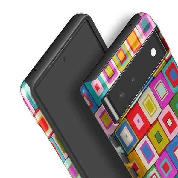 Google phone case-Atelier Blanket Squares Bright By Sarah Campbell-Product Details Raised bevel to protect screen from scratches. Impact resistant polycarbonate shell and shock absorbing inner TPU liner. Secure fit with design wrapping around side of the case and full access to ports. Compatible with Qi-standard wireless charging. Thickness 1/8 inch (3mm), weight 30g. Compatibility See drop down menu for options, please select the right case as we print to order.-Stringberry