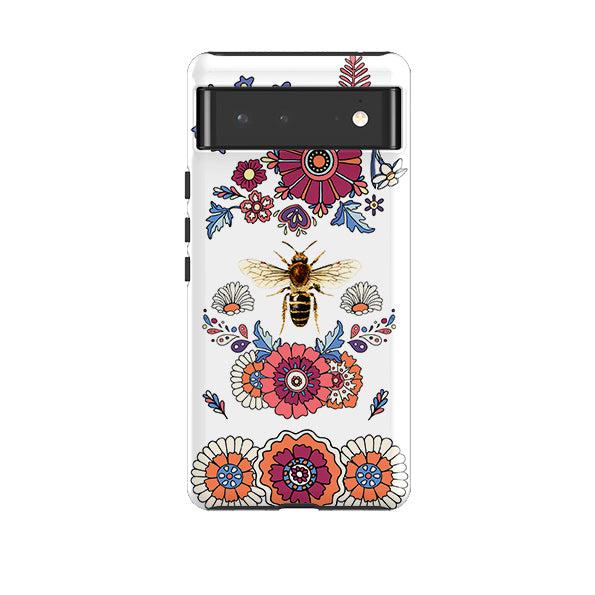 Google phone case-Bee Flower Power-Product Details Raised bevel to protect screen from scratches. Impact resistant polycarbonate shell and shock absorbing inner TPU liner. Secure fit with design wrapping around side of the case and full access to ports. Compatible with Qi-standard wireless charging. Thickness 1/8 inch (3mm), weight 30g. Compatibility See drop down menu for options, please select the right case as we print to order.-Stringberry
