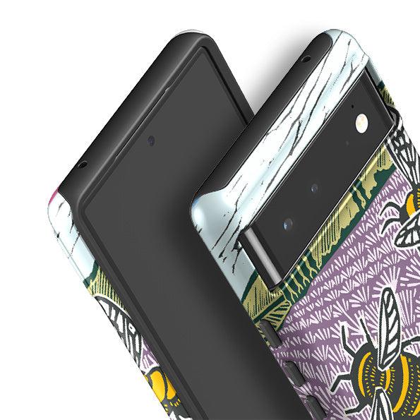 Google phone case-Bees And Sunflower By kate Heiss-Product Details Raised bevel to protect screen from scratches. Impact resistant polycarbonate shell and shock absorbing inner TPU liner. Secure fit with design wrapping around side of the case and full access to ports. Compatible with Qi-standard wireless charging. Thickness 1/8 inch (3mm), weight 30g. Compatibility See drop down menu for options, please select the right case as we print to order.-Stringberry