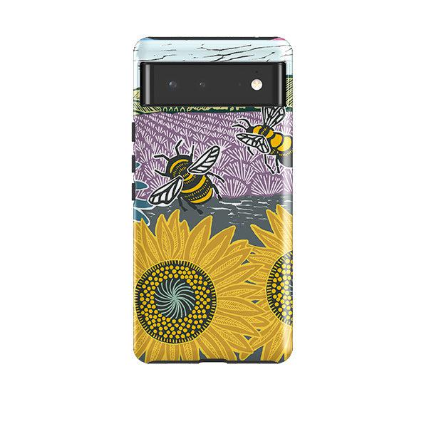Google phone case-Bees And Sunflower By kate Heiss-Product Details Raised bevel to protect screen from scratches. Impact resistant polycarbonate shell and shock absorbing inner TPU liner. Secure fit with design wrapping around side of the case and full access to ports. Compatible with Qi-standard wireless charging. Thickness 1/8 inch (3mm), weight 30g. Compatibility See drop down menu for options, please select the right case as we print to order.-Stringberry