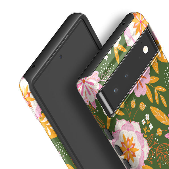 Google phone case-Big Bold Blooms Green By Jenny Zemanek-Product Details Raised bevel to protect screen from scratches. Impact resistant polycarbonate shell and shock absorbing inner TPU liner. Secure fit with design wrapping around side of the case and full access to ports. Compatible with Qi-standard wireless charging. Thickness 1/8 inch (3mm), weight 30g. Compatibility See drop down menu for options, please select the right case as we print to order.-Stringberry