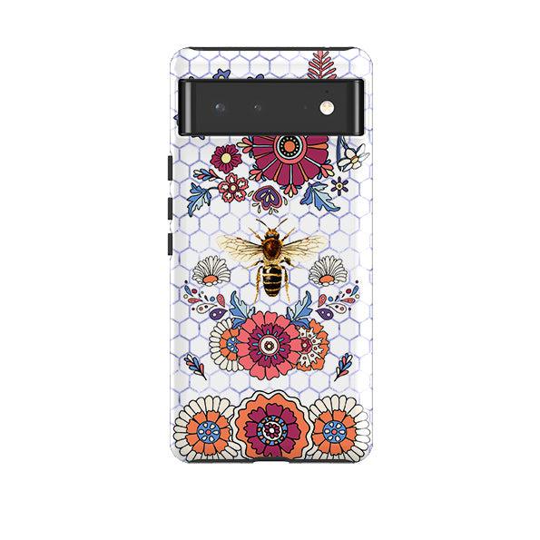 Google phone case-Blue Bee Flower Power-Product Details Raised bevel to protect screen from scratches. Impact resistant polycarbonate shell and shock absorbing inner TPU liner. Secure fit with design wrapping around side of the case and full access to ports. Compatible with Qi-standard wireless charging. Thickness 1/8 inch (3mm), weight 30g. Compatibility See drop down menu for options, please select the right case as we print to order.-Stringberry