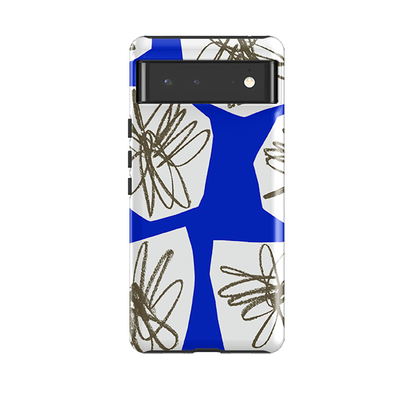 Google phone case-Blue Collage Flower By Kitty Joseph-Product Details Raised bevel to protect screen from scratches. Impact resistant polycarbonate shell and shock absorbing inner TPU liner. Secure fit with design wrapping around side of the case and full access to ports. Compatible with Qi-standard wireless charging. Thickness 1/8 inch (3mm), weight 30g. Compatibility See drop down menu for options, please select the right case as we print to order.-Stringberry