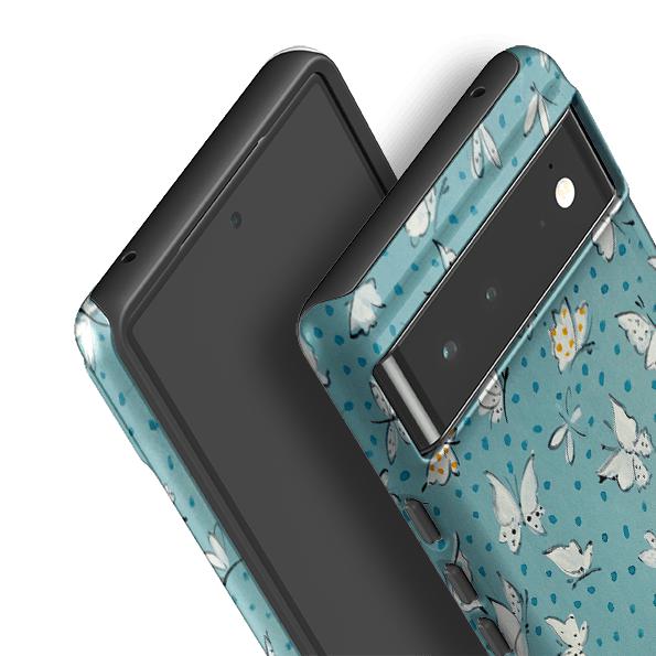 Google phone case-Butterflies On Sky By Sarah Campbell-Product Details Raised bevel to protect screen from scratches. Impact resistant polycarbonate shell and shock absorbing inner TPU liner. Secure fit with design wrapping around side of the case and full access to ports. Compatible with Qi-standard wireless charging. Thickness 1/8 inch (3mm), weight 30g. Compatibility See drop down menu for options, please select the right case as we print to order.-Stringberry