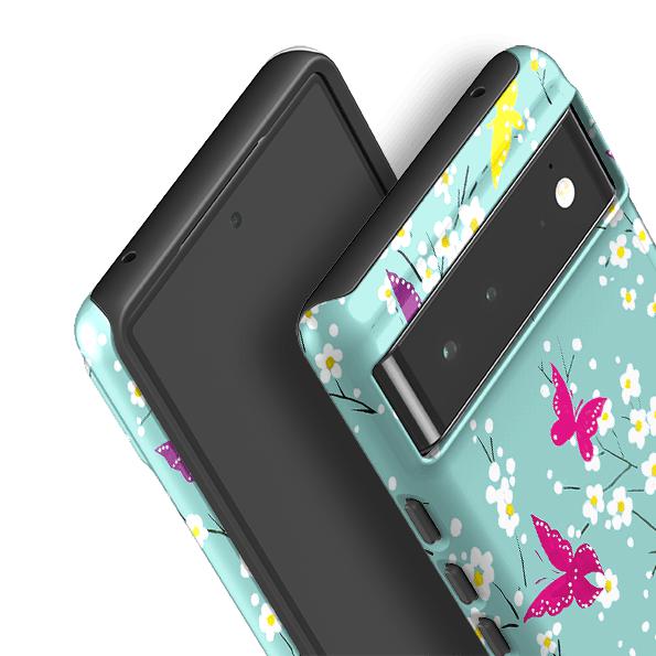Google phone case-Butterfly Blossoms By Sarah Campbell-Product Details Raised bevel to protect screen from scratches. Impact resistant polycarbonate shell and shock absorbing inner TPU liner. Secure fit with design wrapping around side of the case and full access to ports. Compatible with Qi-standard wireless charging. Thickness 1/8 inch (3mm), weight 30g. Compatibility See drop down menu for options, please select the right case as we print to order.-Stringberry