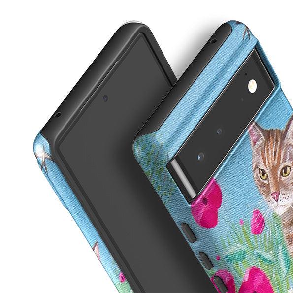 Google phone case-Cat Floral By Mary Stubberfield-Product Details Raised bevel to protect screen from scratches. Impact resistant polycarbonate shell and shock absorbing inner TPU liner. Secure fit with design wrapping around side of the case and full access to ports. Compatible with Qi-standard wireless charging. Thickness 1/8 inch (3mm), weight 30g. Compatibility See drop down menu for options, please select the right case as we print to order.-Stringberry
