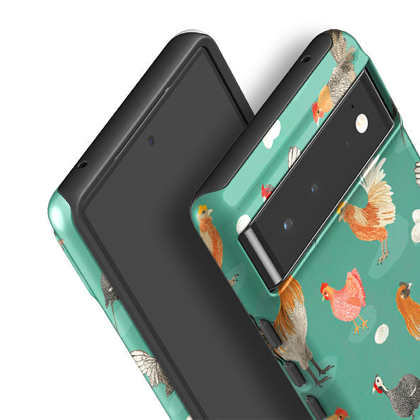 Google phone case-Chicken Teal By Katherine Quinn-Product Details Raised bevel to protect screen from scratches. Impact resistant polycarbonate shell and shock absorbing inner TPU liner. Secure fit with design wrapping around side of the case and full access to ports. Compatible with Qi-standard wireless charging. Thickness 1/8 inch (3mm), weight 30g. Compatibility See drop down menu for options, please select the right case as we print to order.-Stringberry