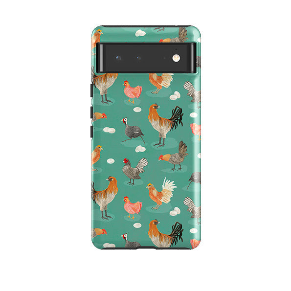 Google phone case-Chicken Teal By Katherine Quinn-Product Details Raised bevel to protect screen from scratches. Impact resistant polycarbonate shell and shock absorbing inner TPU liner. Secure fit with design wrapping around side of the case and full access to ports. Compatible with Qi-standard wireless charging. Thickness 1/8 inch (3mm), weight 30g. Compatibility See drop down menu for options, please select the right case as we print to order.-Stringberry