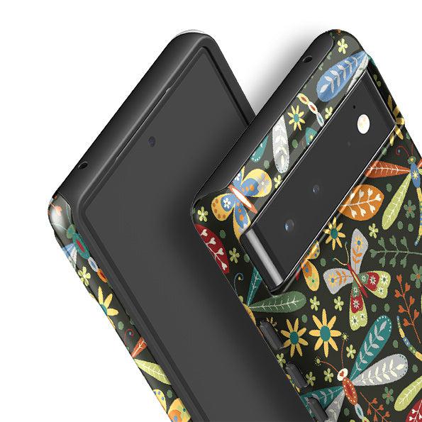 Google phone case-Dragon Flies By Suzy Taylor-Product Details Raised bevel to protect screen from scratches. Impact resistant polycarbonate shell and shock absorbing inner TPU liner. Secure fit with design wrapping around side of the case and full access to ports. Compatible with Qi-standard wireless charging. Thickness 1/8 inch (3mm), weight 30g. Compatibility See drop down menu for options, please select the right case as we print to order.-Stringberry
