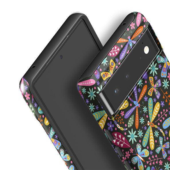 Google phone case-Dragon Flies Multi By Suzy Taylor-Product Details Raised bevel to protect screen from scratches. Impact resistant polycarbonate shell and shock absorbing inner TPU liner. Secure fit with design wrapping around side of the case and full access to ports. Compatible with Qi-standard wireless charging. Thickness 1/8 inch (3mm), weight 30g. Compatibility See drop down menu for options, please select the right case as we print to order.-Stringberry