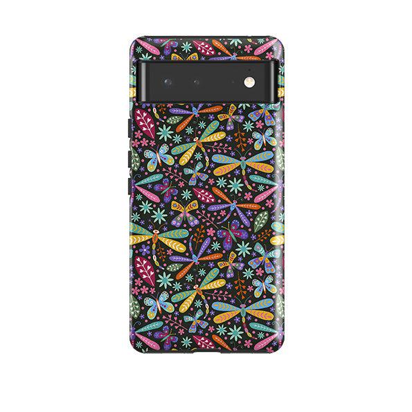 Google phone case-Dragon Flies Multi By Suzy Taylor-Product Details Raised bevel to protect screen from scratches. Impact resistant polycarbonate shell and shock absorbing inner TPU liner. Secure fit with design wrapping around side of the case and full access to ports. Compatible with Qi-standard wireless charging. Thickness 1/8 inch (3mm), weight 30g. Compatibility See drop down menu for options, please select the right case as we print to order.-Stringberry