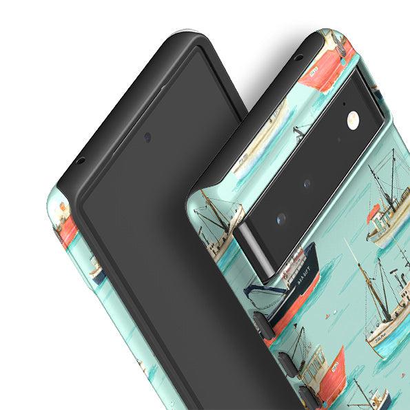 Google phone case-Fishing Boats By Katherine Quinn-Product Details Raised bevel to protect screen from scratches. Impact resistant polycarbonate shell and shock absorbing inner TPU liner. Secure fit with design wrapping around side of the case and full access to ports. Compatible with Qi-standard wireless charging. Thickness 1/8 inch (3mm), weight 30g. Compatibility See drop down menu for options, please select the right case as we print to order.-Stringberry