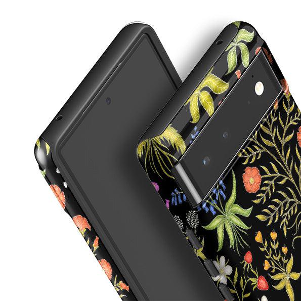 Google phone case-Fleurs Black By Catherine Rowe-Product Details Raised bevel to protect screen from scratches. Impact resistant polycarbonate shell and shock absorbing inner TPU liner. Secure fit with design wrapping around side of the case and full access to ports. Compatible with Qi-standard wireless charging. Thickness 1/8 inch (3mm), weight 30g. Compatibility See drop down menu for options, please select the right case as we print to order.-Stringberry