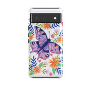 Google phone case-Floral Lilac Butterfly By Lee Foster Wilson-Product Details Raised bevel to protect screen from scratches. Impact resistant polycarbonate shell and shock absorbing inner TPU liner. Secure fit with design wrapping around side of the case and full access to ports. Compatible with Qi-standard wireless charging. Thickness 1/8 inch (3mm), weight 30g. Compatibility See drop down menu for options, please select the right case as we print to order.-Stringberry