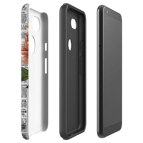 Google phone case-Floral Newsprint-Product Details Raised bevel to protect screen from scratches. Impact resistant polycarbonate shell and shock absorbing inner TPU liner. Secure fit with design wrapping around side of the case and full access to ports. Compatible with Qi-standard wireless charging. Thickness 1/8 inch (3mm), weight 30g. Compatibility See drop down menu for options, please select the right case as we print to order.-Stringberry