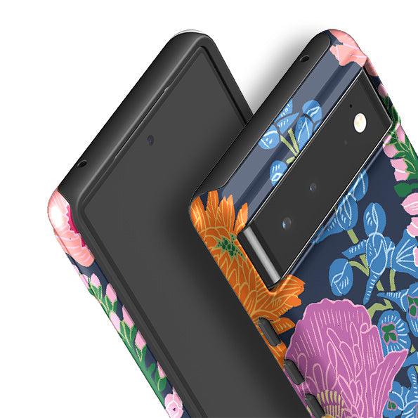 Google phone case-Flower Garden Navy By Kate Heiss-Product Details Raised bevel to protect screen from scratches. Impact resistant polycarbonate shell and shock absorbing inner TPU liner. Secure fit with design wrapping around side of the case and full access to ports. Compatible with Qi-standard wireless charging. Thickness 1/8 inch (3mm), weight 30g. Compatibility See drop down menu for options, please select the right case as we print to order.-Stringberry
