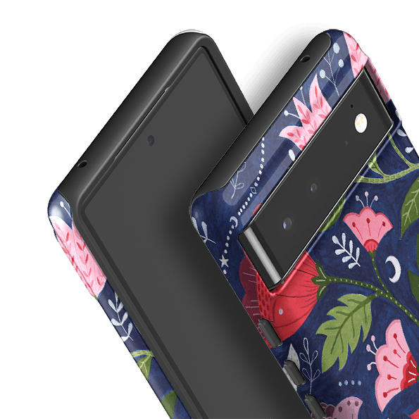 Google phone case-Flowers On Blue By Bex Parkin-Product Details Raised bevel to protect screen from scratches. Impact resistant polycarbonate shell and shock absorbing inner TPU liner. Secure fit with design wrapping around side of the case and full access to ports. Compatible with Qi-standard wireless charging. Thickness 1/8 inch (3mm), weight 30g. Compatibility See drop down menu for options, please select the right case as we print to order.-Stringberry