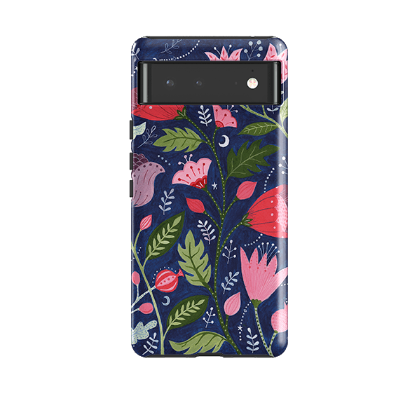 Google phone case-Flowers On Blue By Bex Parkin-Product Details Raised bevel to protect screen from scratches. Impact resistant polycarbonate shell and shock absorbing inner TPU liner. Secure fit with design wrapping around side of the case and full access to ports. Compatible with Qi-standard wireless charging. Thickness 1/8 inch (3mm), weight 30g. Compatibility See drop down menu for options, please select the right case as we print to order.-Stringberry