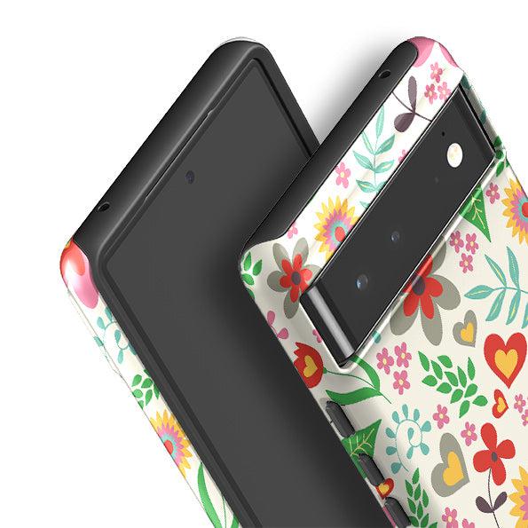 Google phone case-Folky Floral By Suzy Taylor-Product Details Raised bevel to protect screen from scratches. Impact resistant polycarbonate shell and shock absorbing inner TPU liner. Secure fit with design wrapping around side of the case and full access to ports. Compatible with Qi-standard wireless charging. Thickness 1/8 inch (3mm), weight 30g. Compatibility See drop down menu for options, please select the right case as we print to order.-Stringberry