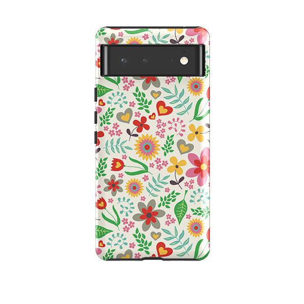 Google phone case-Folky Floral By Suzy Taylor-Product Details Raised bevel to protect screen from scratches. Impact resistant polycarbonate shell and shock absorbing inner TPU liner. Secure fit with design wrapping around side of the case and full access to ports. Compatible with Qi-standard wireless charging. Thickness 1/8 inch (3mm), weight 30g. Compatibility See drop down menu for options, please select the right case as we print to order.-Stringberry