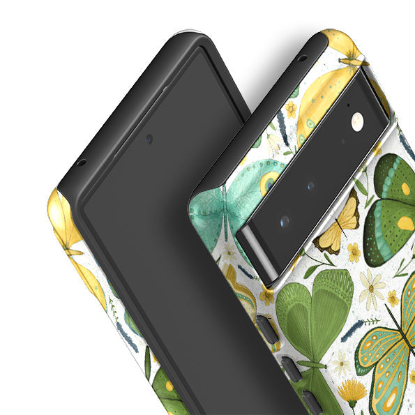 Google phone case-Green Butterflies By Maja Lindberg-Product Details Raised bevel to protect screen from scratches. Impact resistant polycarbonate shell and shock absorbing inner TPU liner. Secure fit with design wrapping around side of the case and full access to ports. Compatible with Qi-standard wireless charging. Thickness 1/8 inch (3mm), weight 30g. Compatibility See drop down menu for options, please select the right case as we print to order.-Stringberry