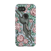 Google phone case-Hare And Peonies By Catherine Rowe-Product Details Raised bevel to protect screen from scratches. Impact resistant polycarbonate shell and shock absorbing inner TPU liner. Secure fit with design wrapping around side of the case and full access to ports. Compatible with Qi-standard wireless charging. Thickness 1/8 inch (3mm), weight 30g. Compatibility See drop down menu for options, please select the right case as we print to order.-Stringberry