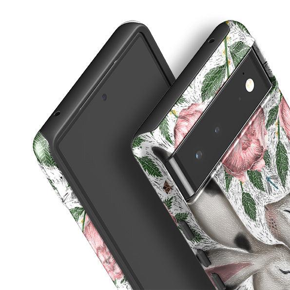 Google phone case-Hares And Peonies By Catherine Rowe-Product Details Raised bevel to protect screen from scratches. Impact resistant polycarbonate shell and shock absorbing inner TPU liner. Secure fit with design wrapping around side of the case and full access to ports. Compatible with Qi-standard wireless charging. Thickness 1/8 inch (3mm), weight 30g. Compatibility See drop down menu for options, please select the right case as we print to order.-Stringberry