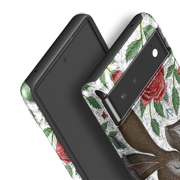 Google phone case-Hares And Red Roses By Catherine Rowe-Product Details Raised bevel to protect screen from scratches. Impact resistant polycarbonate shell and shock absorbing inner TPU liner. Secure fit with design wrapping around side of the case and full access to ports. Compatible with Qi-standard wireless charging. Thickness 1/8 inch (3mm), weight 30g. Compatibility See drop down menu for options, please select the right case as we print to order.-Stringberry