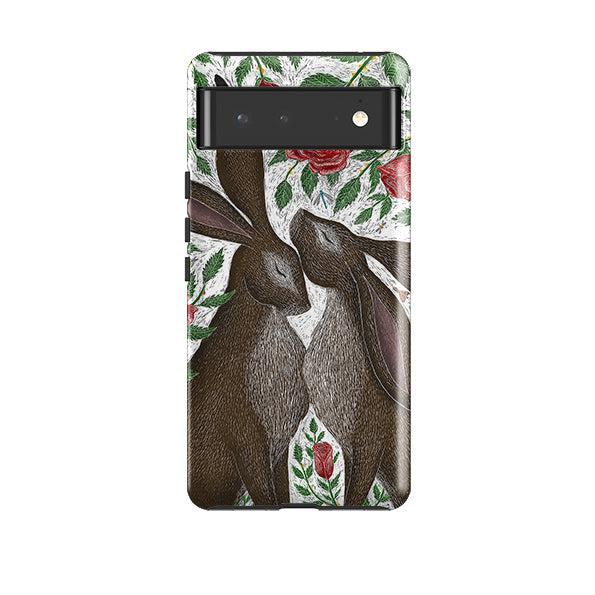 Google phone case-Hares And Red Roses By Catherine Rowe-Product Details Raised bevel to protect screen from scratches. Impact resistant polycarbonate shell and shock absorbing inner TPU liner. Secure fit with design wrapping around side of the case and full access to ports. Compatible with Qi-standard wireless charging. Thickness 1/8 inch (3mm), weight 30g. Compatibility See drop down menu for options, please select the right case as we print to order.-Stringberry