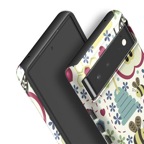 Google phone case-Honey Bees By Suzy Taylor-Product Details Raised bevel to protect screen from scratches. Impact resistant polycarbonate shell and shock absorbing inner TPU liner. Secure fit with design wrapping around side of the case and full access to ports. Compatible with Qi-standard wireless charging. Thickness 1/8 inch (3mm), weight 30g. Compatibility See drop down menu for options, please select the right case as we print to order.-Stringberry