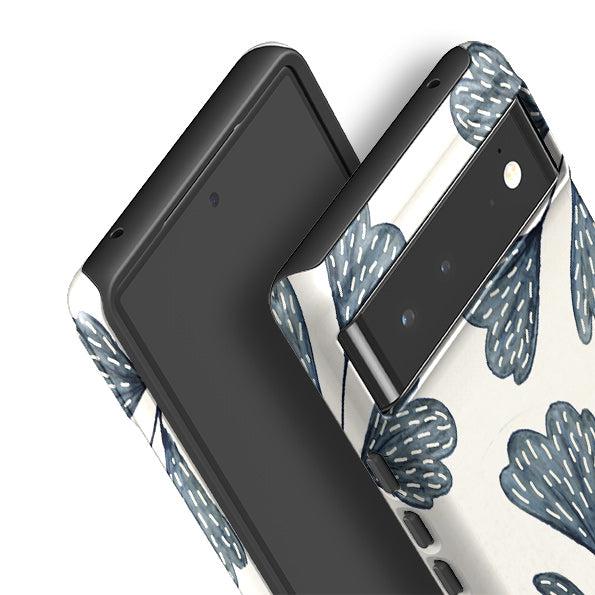 Google phone case-Indigo Leaves By Katherine Quinn-Product Details Raised bevel to protect screen from scratches. Impact resistant polycarbonate shell and shock absorbing inner TPU liner. Secure fit with design wrapping around side of the case and full access to ports. Compatible with Qi-standard wireless charging. Thickness 1/8 inch (3mm), weight 30g. Compatibility See drop down menu for options, please select the right case as we print to order.-Stringberry