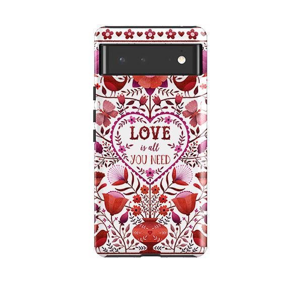 Google phone case-Love Is All You Need By Suzy Taylor-Product Details Raised bevel to protect screen from scratches. Impact resistant polycarbonate shell and shock absorbing inner TPU liner. Secure fit with design wrapping around side of the case and full access to ports. Compatible with Qi-standard wireless charging. Thickness 1/8 inch (3mm), weight 30g. Compatibility See drop down menu for options, please select the right case as we print to order.-Stringberry