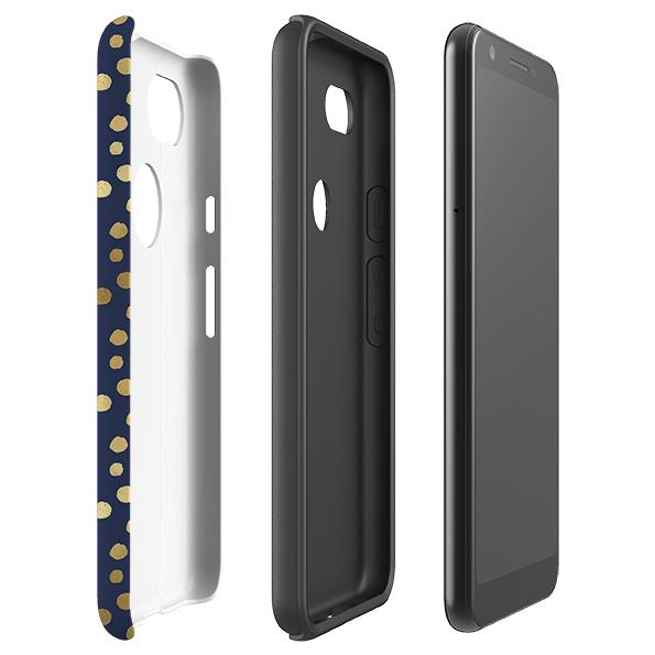 Google phone case-Navy Polka-Product Details Raised bevel to protect screen from scratches. Impact resistant polycarbonate shell and shock absorbing inner TPU liner. Secure fit with design wrapping around side of the case and full access to ports. Compatible with Qi-standard wireless charging. Thickness 1/8 inch (3mm), weight 30g. Compatibility See drop down menu for options, please select the right case as we print to order.-Stringberry