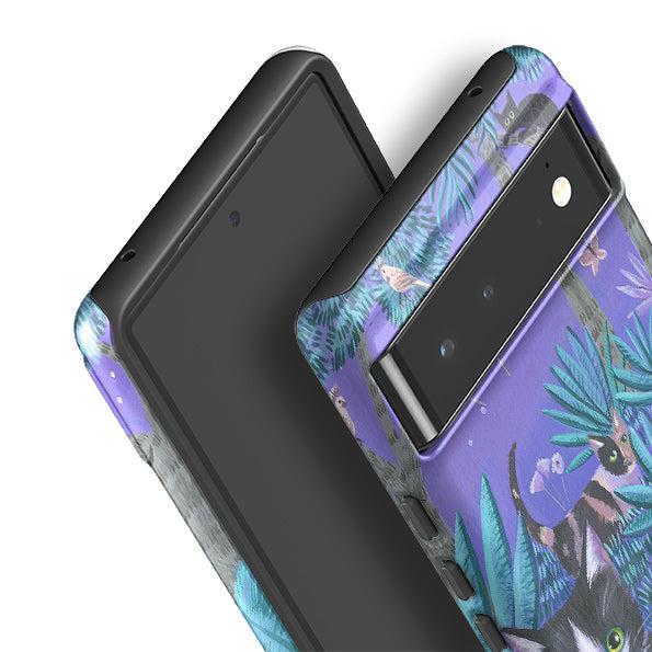 Google phone case-Night Cats 2 By Mary Stubberfield-Product Details Raised bevel to protect screen from scratches. Impact resistant polycarbonate shell and shock absorbing inner TPU liner. Secure fit with design wrapping around side of the case and full access to ports. Compatible with Qi-standard wireless charging. Thickness 1/8 inch (3mm), weight 30g. Compatibility See drop down menu for options, please select the right case as we print to order.-Stringberry