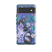 Google phone case-Night Cats 2 By Mary Stubberfield-Product Details Raised bevel to protect screen from scratches. Impact resistant polycarbonate shell and shock absorbing inner TPU liner. Secure fit with design wrapping around side of the case and full access to ports. Compatible with Qi-standard wireless charging. Thickness 1/8 inch (3mm), weight 30g. Compatibility See drop down menu for options, please select the right case as we print to order.-Stringberry