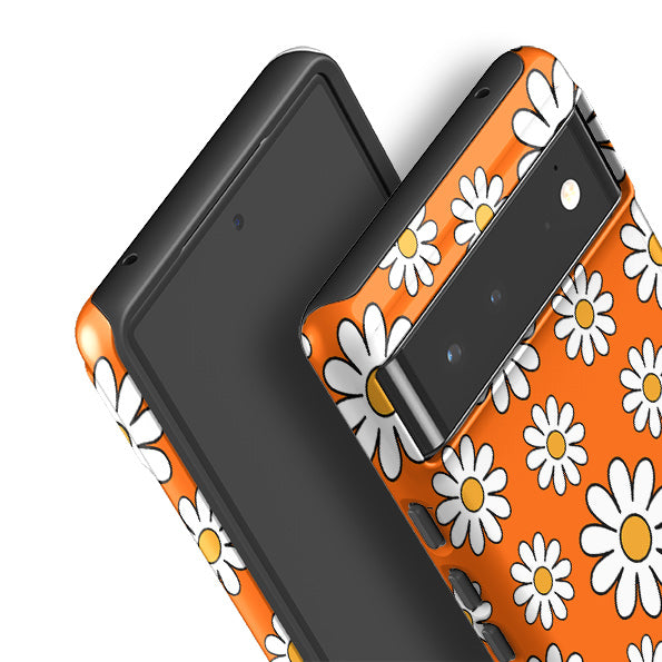 Google phone case-Orange Daises-Product Details Raised bevel to protect screen from scratches. Impact resistant polycarbonate shell and shock absorbing inner TPU liner. Secure fit with design wrapping around side of the case and full access to ports. Compatible with Qi-standard wireless charging. Thickness 1/8 inch (3mm), weight 30g. Compatibility See drop down menu for options, please select the right case as we print to order.-Stringberry