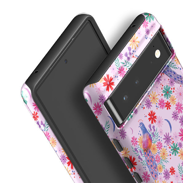 Google phone case-Peacock Pattern Lilac By Lee Foster Wilson-Product Details Raised bevel to protect screen from scratches. Impact resistant polycarbonate shell and shock absorbing inner TPU liner. Secure fit with design wrapping around side of the case and full access to ports. Compatible with Qi-standard wireless charging. Thickness 1/8 inch (3mm), weight 30g. Compatibility See drop down menu for options, please select the right case as we print to order.-Stringberry