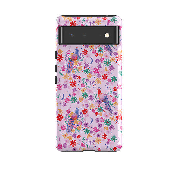 Google phone case-Peacock Pattern Lilac By Lee Foster Wilson-Product Details Raised bevel to protect screen from scratches. Impact resistant polycarbonate shell and shock absorbing inner TPU liner. Secure fit with design wrapping around side of the case and full access to ports. Compatible with Qi-standard wireless charging. Thickness 1/8 inch (3mm), weight 30g. Compatibility See drop down menu for options, please select the right case as we print to order.-Stringberry