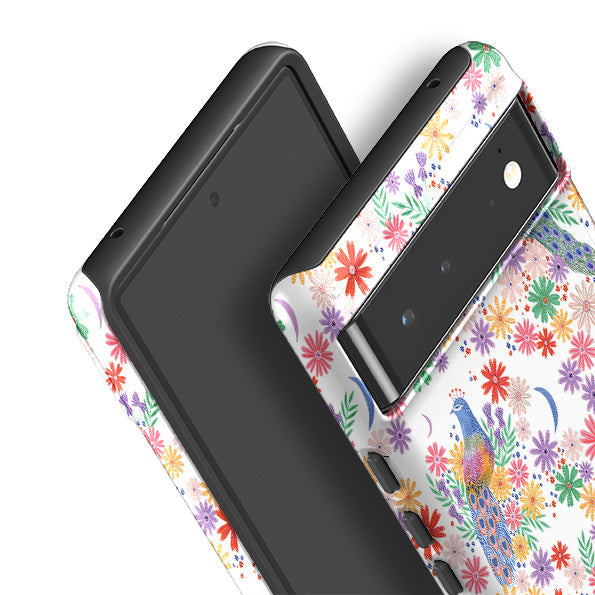 Google phone case-Peacock Pattern White By Lee Foster Wilson-Product Details Raised bevel to protect screen from scratches. Impact resistant polycarbonate shell and shock absorbing inner TPU liner. Secure fit with design wrapping around side of the case and full access to ports. Compatible with Qi-standard wireless charging. Thickness 1/8 inch (3mm), weight 30g. Compatibility See drop down menu for options, please select the right case as we print to order.-Stringberry