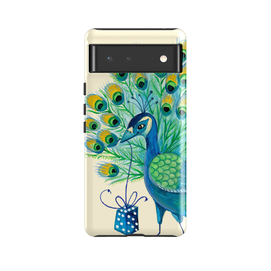 Google phone case-Peacock Present By Caroline Bonne Muller-Product Details Raised bevel to protect screen from scratches. Impact resistant polycarbonate shell and shock absorbing inner TPU liner. Secure fit with design wrapping around side of the case and full access to ports. Compatible with Qi-standard wireless charging. Thickness 1/8 inch (3mm), weight 30g. Compatibility See drop down menu for options, please select the right case as we print to order.-Stringberry