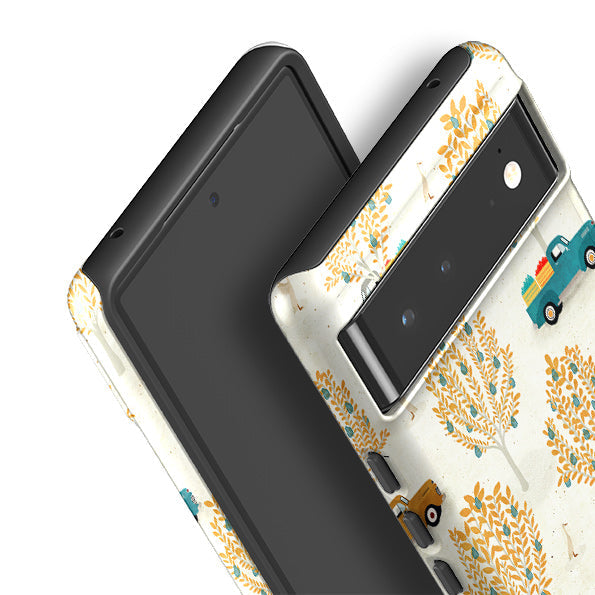 Google phone case-Pear Trees and Trucks By Katherine Quinn-Product Details Raised bevel to protect screen from scratches. Impact resistant polycarbonate shell and shock absorbing inner TPU liner. Secure fit with design wrapping around side of the case and full access to ports. Compatible with Qi-standard wireless charging. Thickness 1/8 inch (3mm), weight 30g. Compatibility See drop down menu for options, please select the right case as we print to order.-Stringberry