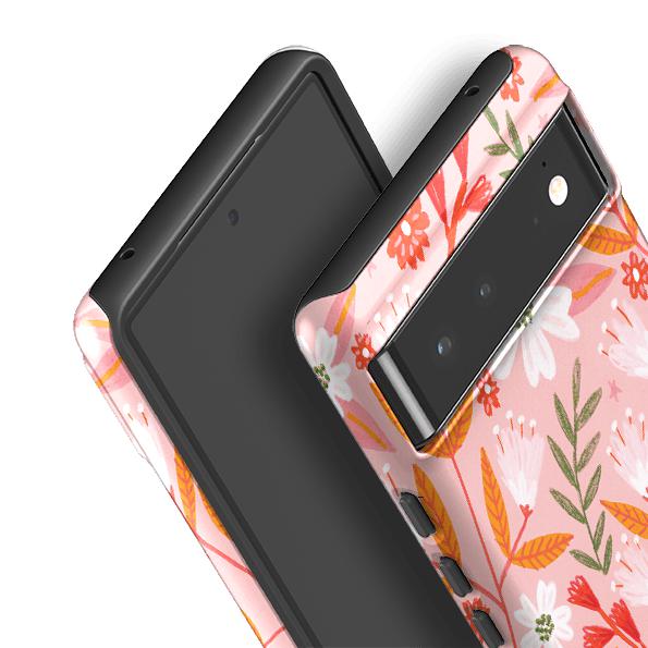 Google phone case-Pink And Orange Florals By Lee Foster Wilson-Product Details Raised bevel to protect screen from scratches. Impact resistant polycarbonate shell and shock absorbing inner TPU liner. Secure fit with design wrapping around side of the case and full access to ports. Compatible with Qi-standard wireless charging. Thickness 1/8 inch (3mm), weight 30g. Compatibility See drop down menu for options, please select the right case as we print to order.-Stringberry