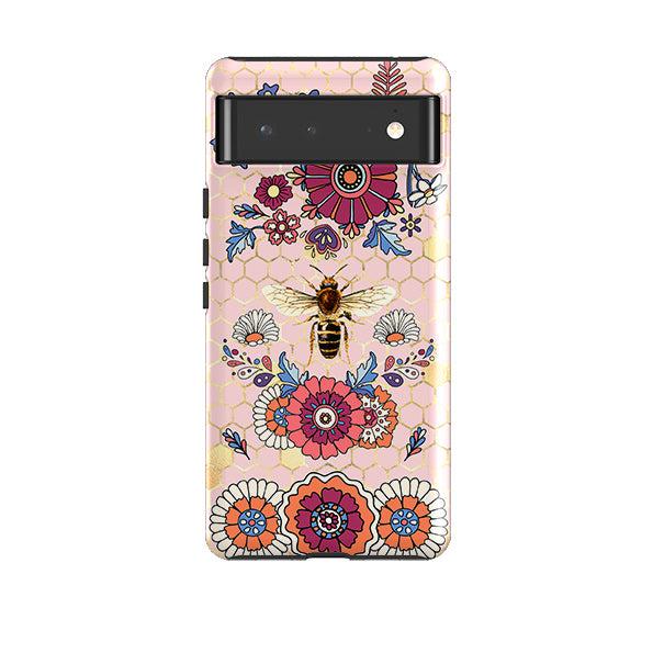 Google phone case-Pink Bee Flower Power-Product Details Raised bevel to protect screen from scratches. Impact resistant polycarbonate shell and shock absorbing inner TPU liner. Secure fit with design wrapping around side of the case and full access to ports. Compatible with Qi-standard wireless charging. Thickness 1/8 inch (3mm), weight 30g. Compatibility See drop down menu for options, please select the right case as we print to order.-Stringberry